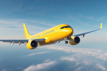 Obraz premium 3D Rendering of a Bright Yellow Plane Flying in a Clear Blue Sky for Efficient Air Travel