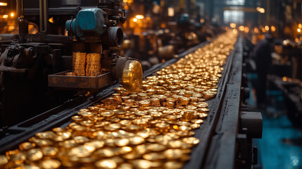 Gold Rush: A conveyor belt filled with golden coins moves through a factory, highlighting the relentless pace of production and the value of hard work.