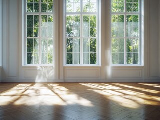 Fototapeta premium A large room with three windows and a wooden floor