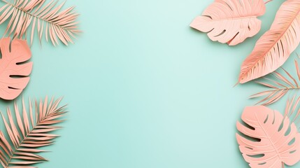 Serene Minimalism: Monotone Peach Tropical Leaves on Pale Blue Background, Generative Ai