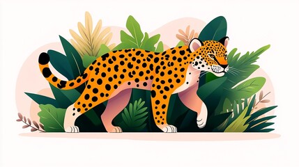 A vibrant illustration of a leopard gracefully moving through lush greenery, showcasing its striking coat and natural beauty.