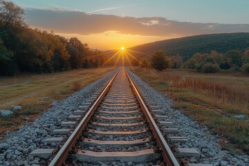 Railroad tracks through a rural landscape at sunset
