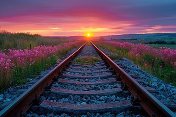 Railroad tracks through a field of flowers at sunset