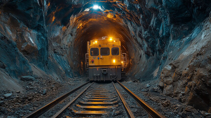 Naklejka premium Train in Tunnel: A powerful locomotive emerges from the darkness of a tunnel, its headlights piercing the shadows, symbolizing the journey of progress and perseverance. The rugged rock walls and the n