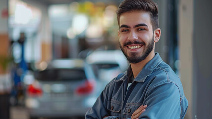 Fototapeta premium A smiling male auto mechanic in uniform at a service station