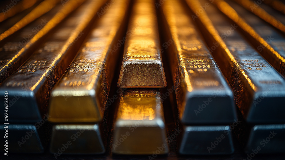 Poster gold bars: a close-up shot of gleaming gold bars arranged in a neat, symmetrical row, showcasing the
