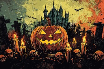 Fototapeta premium Halloween Pumpkins at cemetery with Haunted mansion in the background. Generative Ai illustration