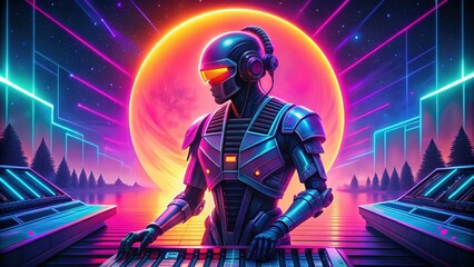 Fototapeta premium Electric Pulse: neon-bright, synthwave, energetic basslines, robotic voices, futuristic ambience