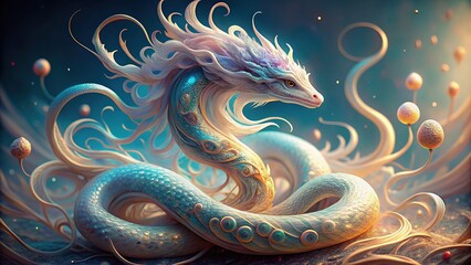 Fototapeta premium Ethereal Serpent: Delicate hand-crafted snake with soft, flowing lines and ethereal colors, conveying a sense of tranquility and wonder.