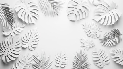 Tropical Foliage Symphony - Monochromatic Leaf Patterns on Solid Background, Generative Ai