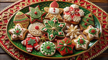Fototapeta premium Folkloric Holiday Cookie Mosaic: Intricate, patterned flat plate display of ethnic-inspired cookies, capturing the spirit of cultural traditions