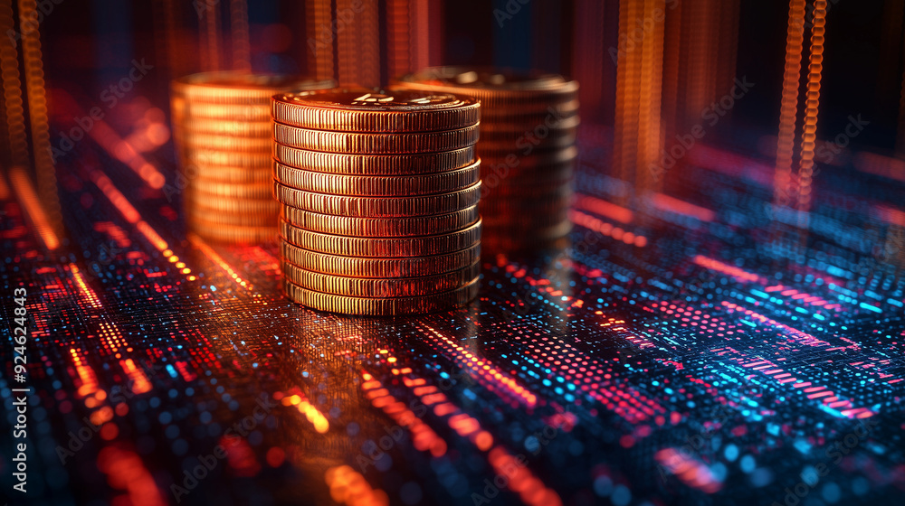 Poster digital gold rush: stacks of gleaming coins stand tall on a vibrant, pulsating circuit board, embody
