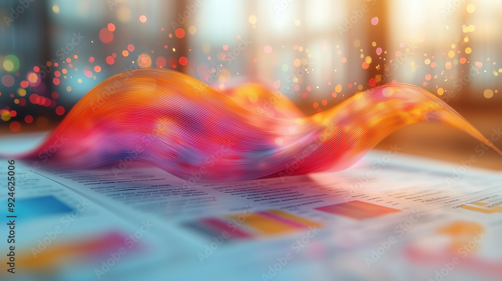 Poster abstract data flow: a vibrant wave of color and light erupts from a graph-filled newspaper, symboliz