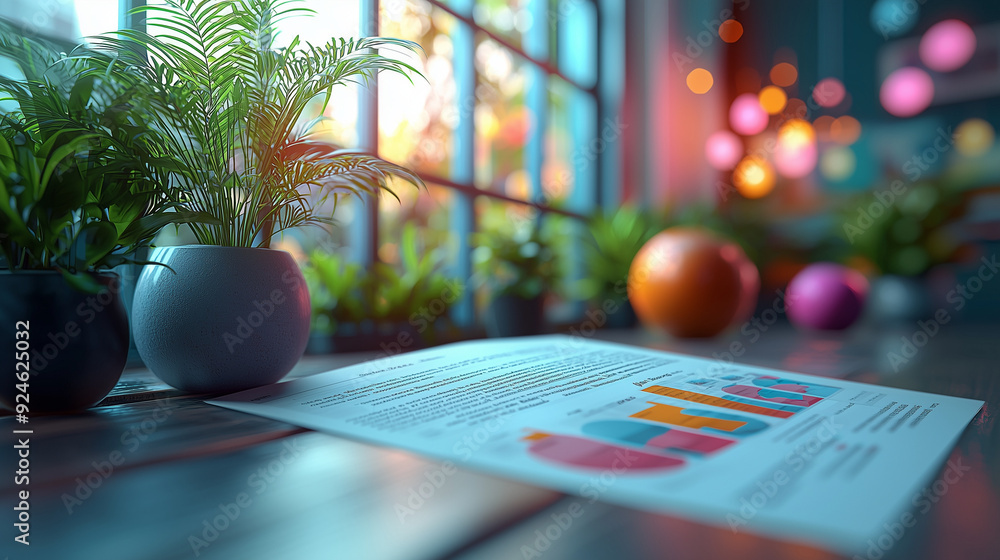 Poster business data analysis: a vibrant and modern office space with a window view. focus on a colorful da