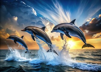 Fototapeta premium Hydrodynamic Grace: Fluid, graceful movements of dolphins captured in vibrant, high-contrast images.
