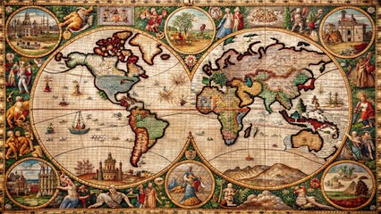 Naklejka premium Human Tapestry: Richly embroidered world map with intricate designs, each stitch a representation of human settlement.