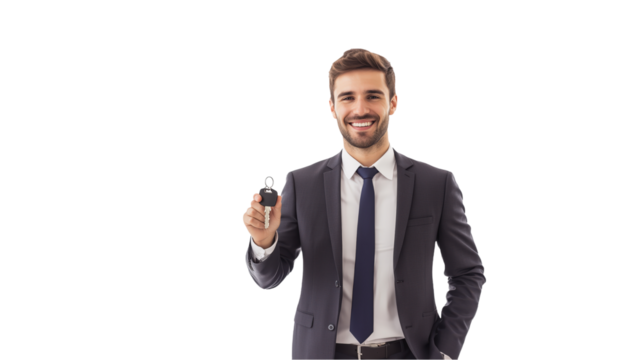 Successful businessman giving car key isolated on transparent background 
