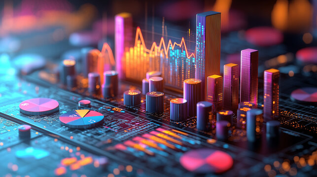 Digital Symphony of Data: Vibrant 3D charts and graphs illuminate a complex circuit board, symbolizing the power of data analysis in the digital age. 