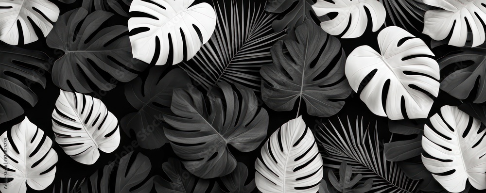 Poster monochrome abstract tropical foliage pattern on solid color background, generative ai