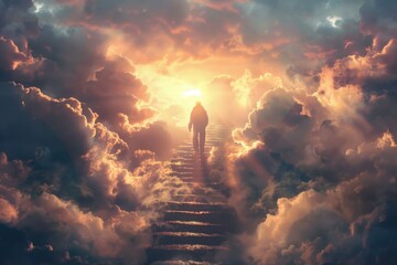 Fototapeta premium A person ascending through misty clouds, possibly symbolizing aspirations or goals