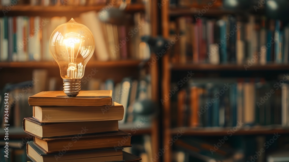 Aufkleber glowing lightbulb emerging from stack of books symbolizing knowledge driven educational planning