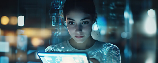 A young woman engaged with a digital tablet, showcasing modern technology and concentration in a futuristic environment.