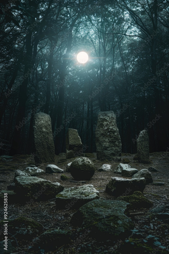 Aufkleber a group of rocks sits in the middle of a dense forest, surrounded by trees and foliage