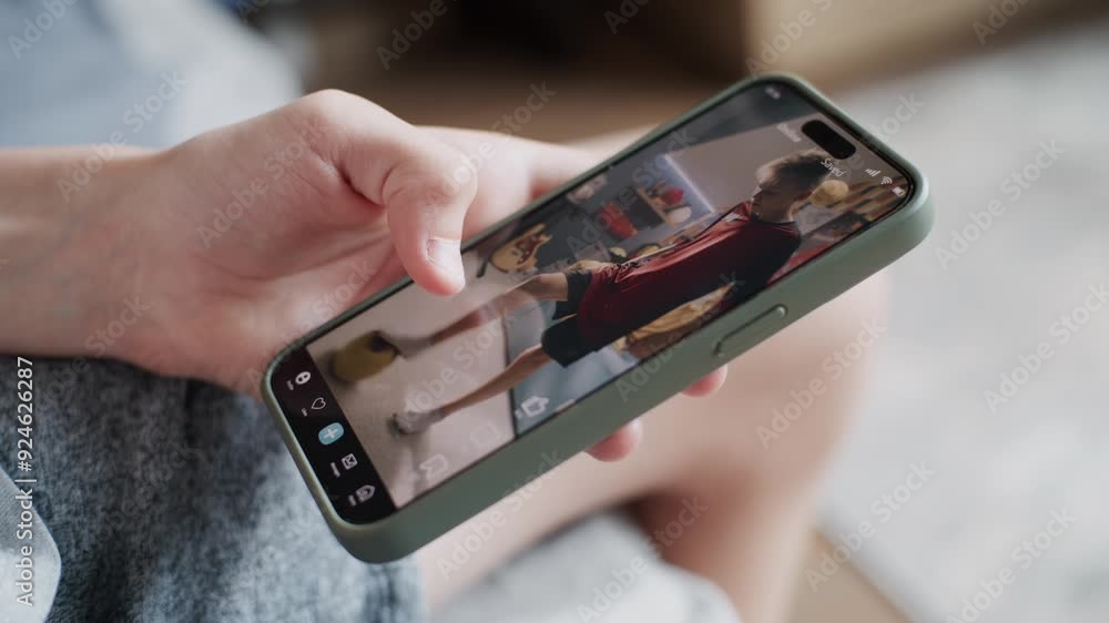 Poster smartphone application with various video content displayed on phone screen. close up of teenager sc