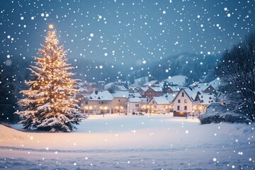 Naklejka premium Serene Christmas Village with Snow-Covered Tree and Illuminated Homes