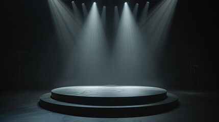 A black tiered podium illuminated by spotlights in a dark room