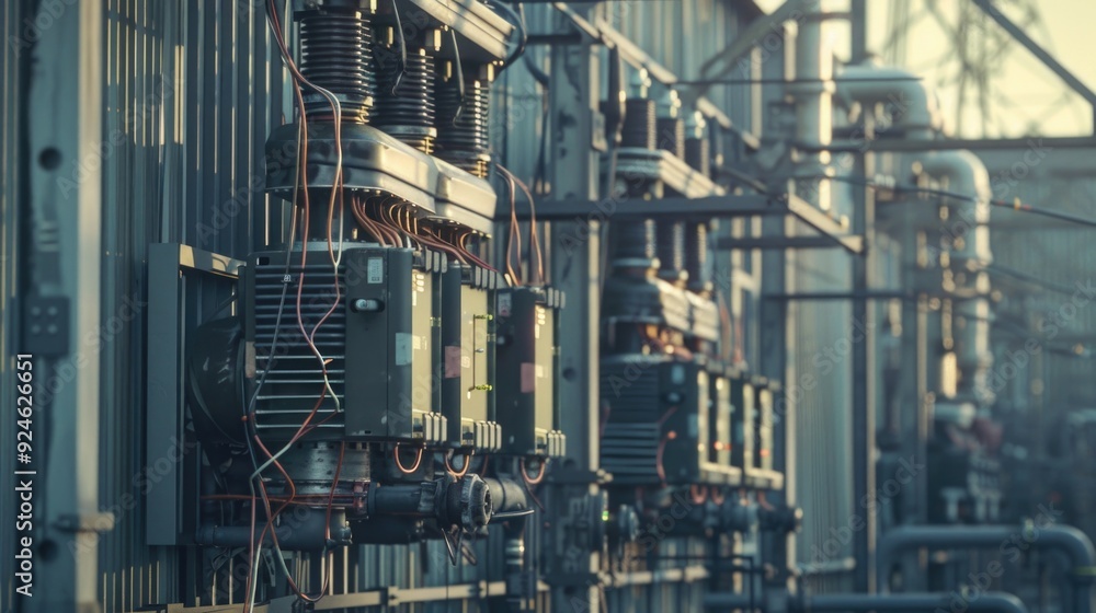 Poster exterior view of a building with various electrical devices mounted on its side