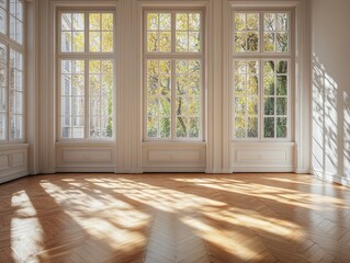 Fototapeta premium A large room with three windows and a wooden floor