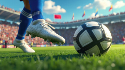 Soccer player in blue socks and white cleats preparing to kick a black and white soccer ball on a green grassy field in a stadium during a sunny day with spectators watching.
