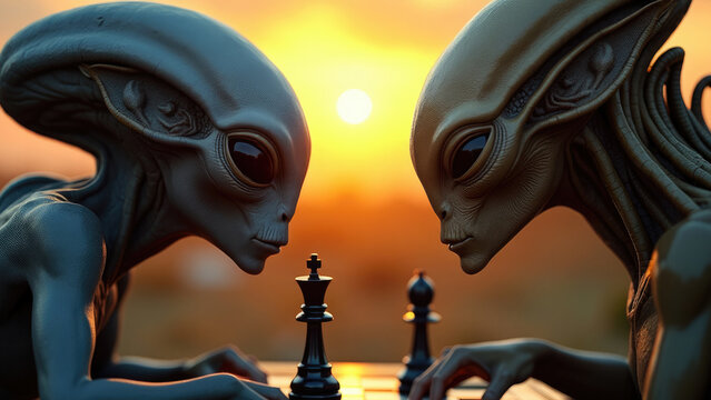 A tranquil sunset scene depicting two intelligent-looking aliens engrossed in a game of chess, illustrating strategic thinking and the intersection of the extraterrestrial with classic human pastimes.