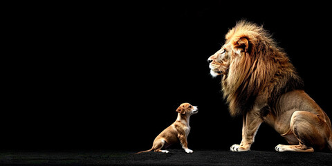 Fototapeta premium Lion with a small dog on a solid background