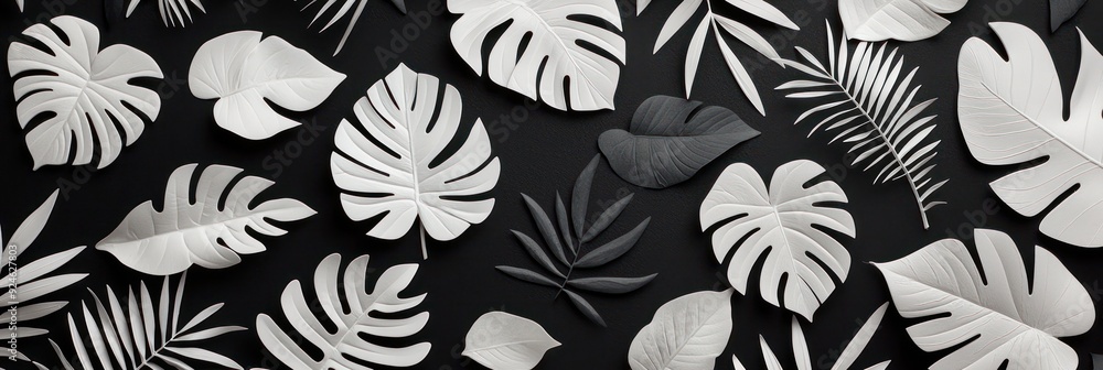 Poster monochrome abstract pattern of tropical leaves on solid color backdrop, generative ai