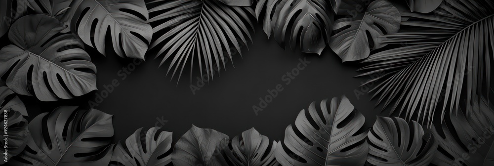 Poster monochrome abstract tropical leaves pattern on solid color background, generative ai