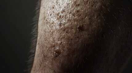 Fototapeta premium A detailed close-up reveals the skin's texture, showcasing irregularities and fine hair, illuminated by soft, natural lighting