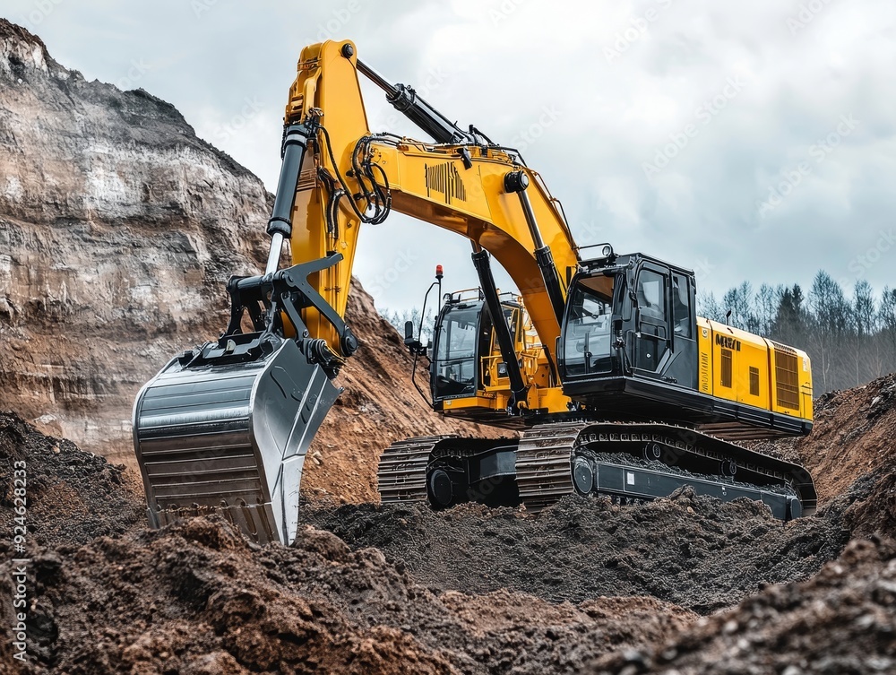 Poster futuristic electric excavator in field with dynamic color scheme showcasing high tech innovation