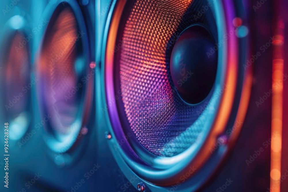 Poster A detailed view of a speaker mounted on a wall, suitable for use in various settings such as offices, homes, or public spaces