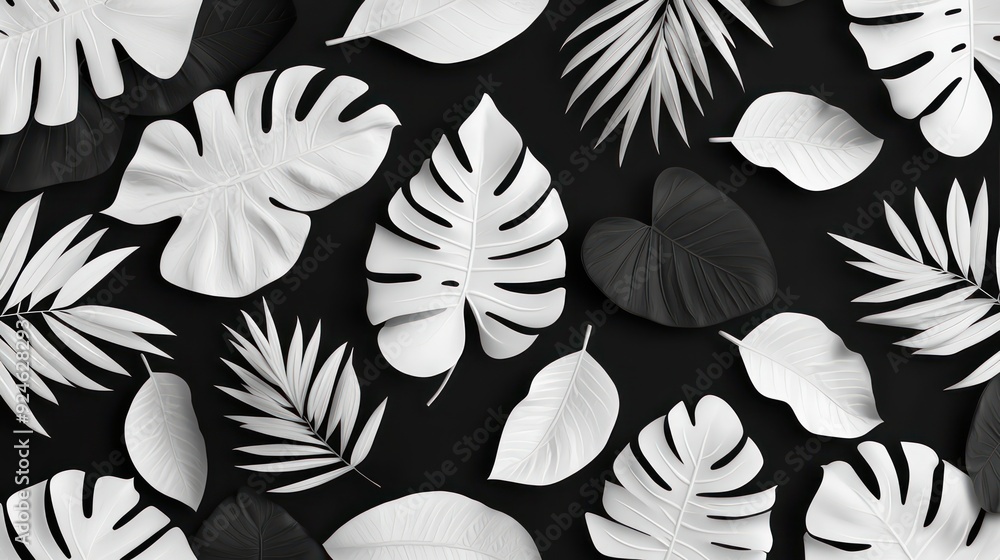 Poster monochromatic detailed tropical leaf pattern on solid color canvas background, generative ai
