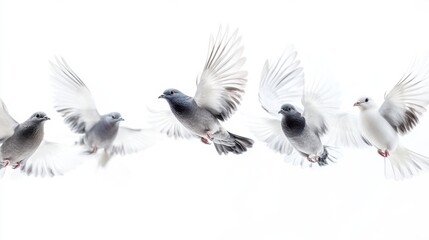 Fototapeta premium Graceful Pigeons Soaring in Flight Against a Light Background