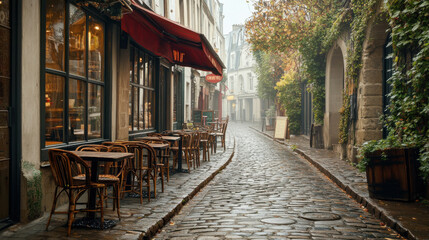 Fototapeta premium A charming Parisian cafe terrace, with tables lined up along a cobblestone street, capturing