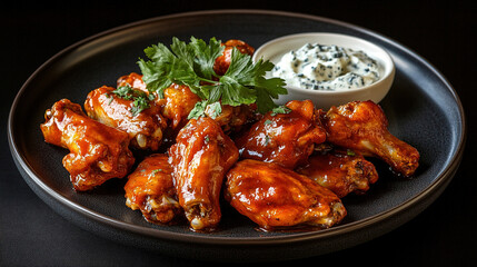 Fototapeta premium Chicken wings with sweet and sour sauce. Roast chicken wings BBQ. Fast food. Plate of delicious barbecue chicken wings. Korean fried chicken. Spicy chicken wings. Copy space area