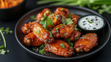 Fototapeta premium Chicken wings with sweet and sour sauce. Roast chicken wings BBQ. Fast food. Plate of delicious barbecue chicken wings. Korean fried chicken. Spicy chicken wings. Copy space area