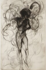 Fototapeta premium A rough, pencil sketch, illustrating an abstract figure in a defensive posture, battling swirling, chaotic shapes that represent internal fears and anxieties. 