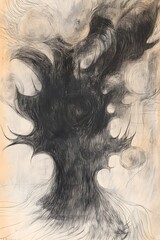 Fototapeta premium A rough, pencil sketch, illustrating an abstract figure in a defensive posture, battling swirling, chaotic shapes that represent internal fears and anxieties. 