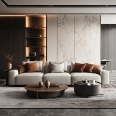 A modern living room with a white wall and a brown couch