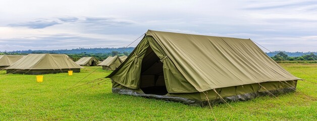Military tent camp at an army training center in India during a tranquil afternoon