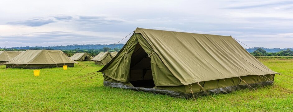 Military tent camp at an army training center in India during a tranquil afternoon
